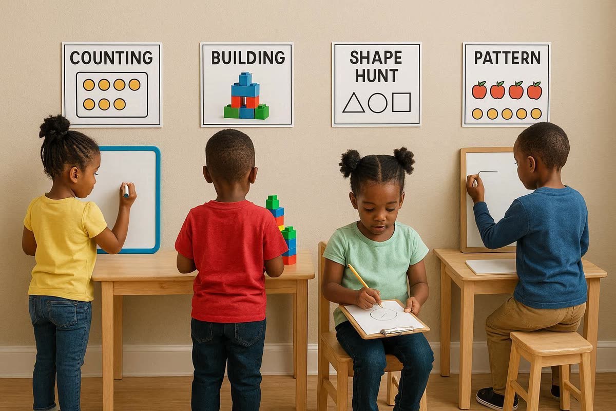 Children work at counting, building, shape hunt and pattern stations