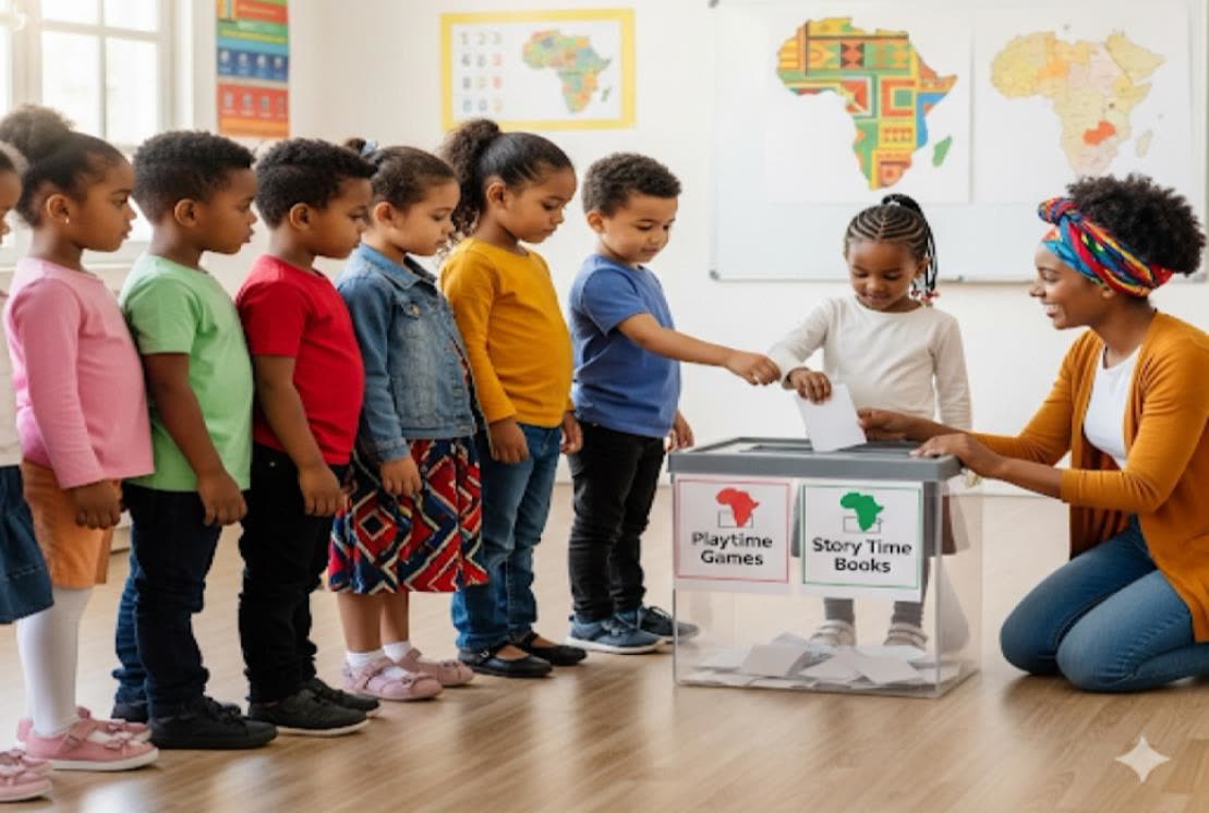 Children line up to post their ballot into a classroom ballot box
